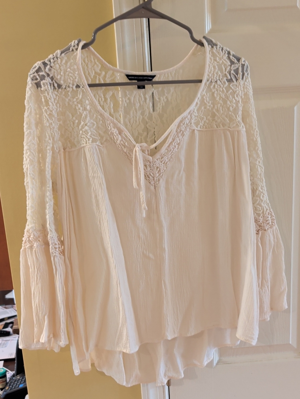 American Eagle Outfitters Cream Lace Yoke Peasant Blouse